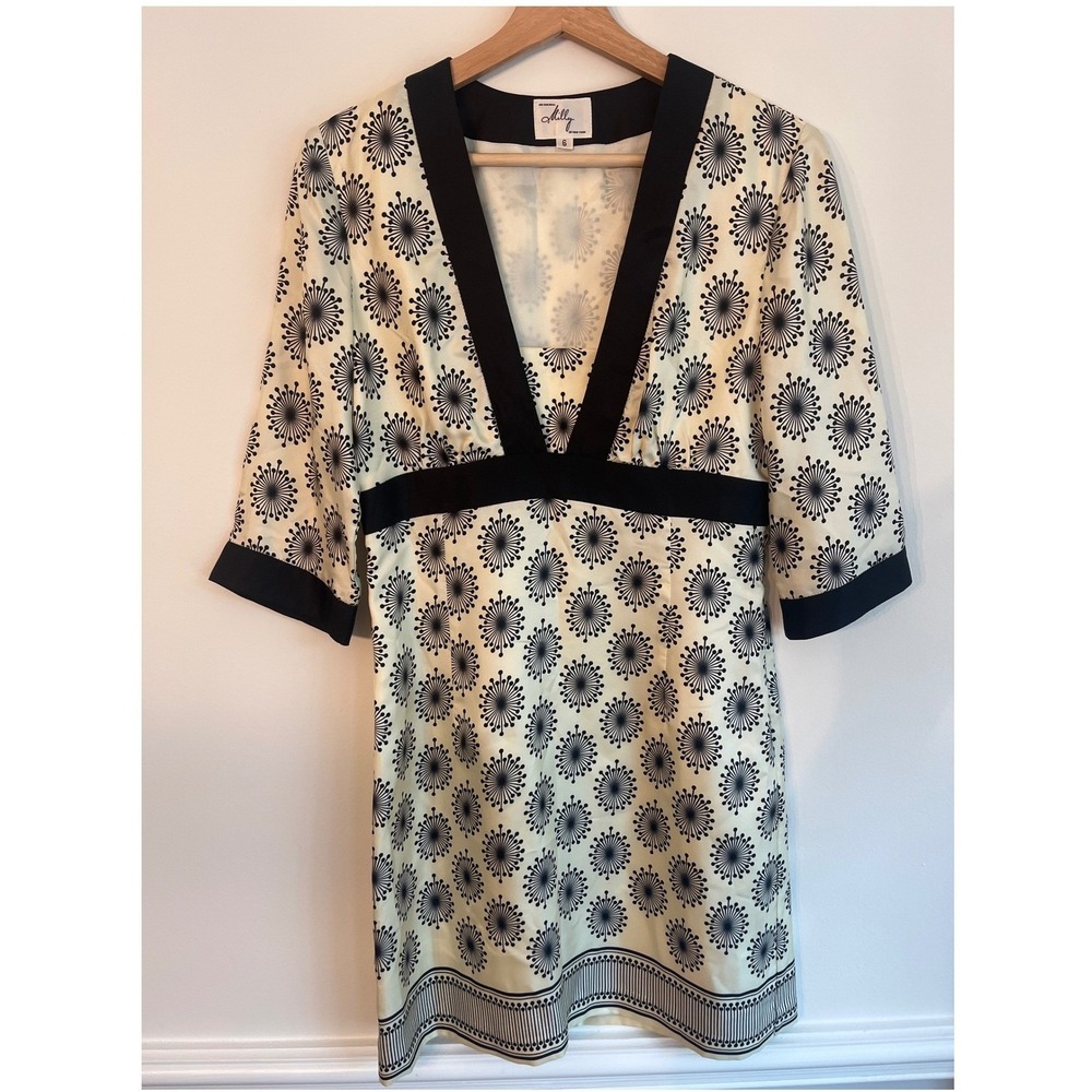 Vtg Milly of New York Silk Tunic Dress Size 6 Cream Black